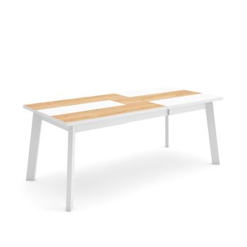 Mesa Comedor, Mesa Fija Cocina Y Salón, 200, Para 10 Comensales, Patas De Madera, Estilo Moderno, Roble Y Blanco