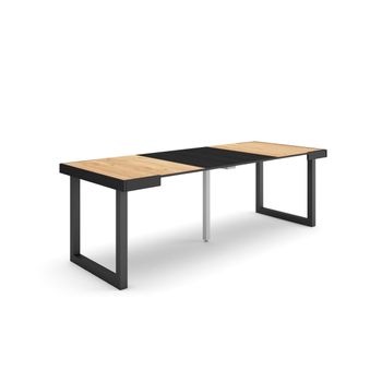 Mesa Consola Extensible, Mesa Comedor Plegable, 220, Para 10 Comensales, Patas Madera Maciza, Estilo Moderno, Roble Y Negro