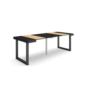 Mesa Consola Extensible, Mesa Comedor Plegable, 220, Para 10 Comensales, Patas Madera Maciza, Estilo Moderno, Roble Y Negro