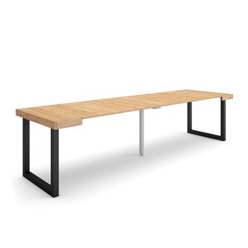 Mesa Consola Extensible, Mesa Comedor Plegable, 300, Para 14 Comensales, Patas Madera Maciza, Estilo Moderno, Roble