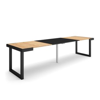 Mesa Consola Extensible, Mesa Comedor Plegable, 300, Para 14 Comensales, Patas Madera Maciza, Estilo Moderno, Roble Y Negro