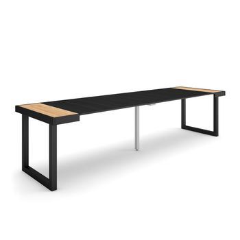 Mesa Consola Extensible, Mesa Comedor Plegable, 300, Para 14 Comensales, Patas Madera Maciza, Estilo Moderno, Roble Y Negro