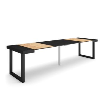 Mesa Consola Extensible, Mesa Comedor Plegable, 300, Para 14 Comensales, Patas Madera Maciza, Estilo Moderno, Roble Y Negro