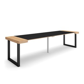 Mesa Consola Extensible, Mesa Comedor Plegable, 300, Para 14 Comensales, Patas Madera Maciza, Estilo Moderno, Roble Y Negro