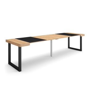 Mesa Consola Extensible, Mesa Comedor Plegable, 300, Para 14 Comensales, Patas Madera Maciza, Estilo Moderno, Roble Y Negro