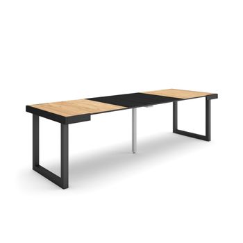 Mesa Consola Extensible, Mesa Comedor Plegable, 260, Para 12 Comensales, Patas Madera Maciza, Estilo Moderno, Roble Y Negro