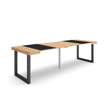 Mesa Consola Extensible, Mesa Comedor Plegable, 260, Para 12 Comensales, Patas Madera Maciza, Estilo Moderno, Roble Y Negro