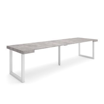 Mesa Consola Extensible, Mesa Comedor Plegable, 300, Para 14 Comensales, Patas Madera Maciza, Estilo Moderno, Cemento