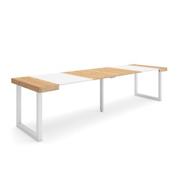 Mesa Consola Extensible, Mesa Comedor Plegable, 300, Para 14 Comensales, Patas Madera Maciza, Estilo Moderno, Roble Y Blanco