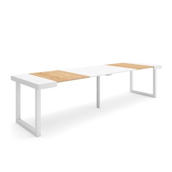 Mesa Consola Extensible, Mesa Comedor Plegable, 300, Para 14 Comensales, Patas Madera Maciza, Estilo Moderno, Roble Y Blanco