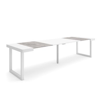 Mesa Consola Extensible, Mesa Comedor Plegable, 300, Para 14 Comensales, Patas Madera Maciza, Estilo Moderno, Blanco Y Cemento