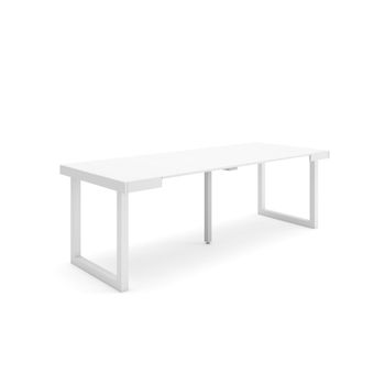 Mesa Consola Extensible, Mesa Comedor Plegable, 220, Para 10 Comensales, Patas Madera Maciza, Estilo Moderno, Blanco