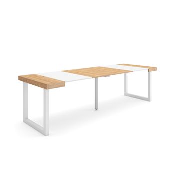 Mesa Consola Extensible, Mesa Comedor Plegable, 260, Para 12 Comensales, Patas Madera Maciza, Estilo Moderno, Roble Y Blanco