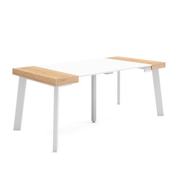 Mesa Consola Extensible, Mesa Comedor Plegable, 180, Para 8 Comensales, Patas De Madera, Estilo Moderno, Roble Y Blanco