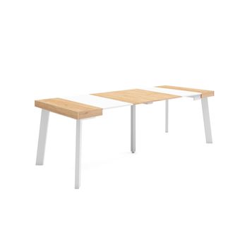 Mesa Consola Extensible, Mesa Comedor Plegable, 220, Para 10 Comensales, Patas De Madera, Estilo Moderno, Roble Y Blanco