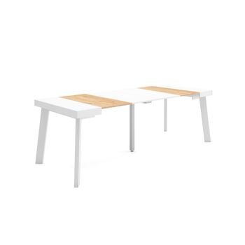 Mesa Consola Extensible, Mesa Comedor Plegable, 220, Para 10 Comensales, Patas De Madera, Estilo Moderno, Roble Y Blanco