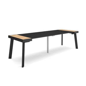 Mesa Consola Extensible, Mesa Comedor Plegable, 260, Para 12 Comensales, Patas De Madera, Estilo Moderno, Roble Y Negro