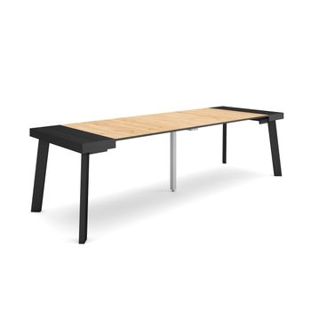 Mesa Consola Extensible, Mesa Comedor Plegable, 260, Para 12 Comensales, Patas De Madera, Estilo Moderno, Negro Y Roble