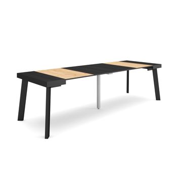 Mesa Consola Extensible, Mesa Comedor Plegable, 260, Para 12 Comensales, Patas De Madera, Estilo Moderno, Negro Y Roble