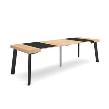 Mesa Consola Extensible, Mesa Comedor Plegable, 260, Para 12 Comensales, Patas De Madera, Estilo Moderno, Roble Y Negro