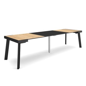 Mesa Consola Extensible, Mesa Comedor Plegable, 300, Para 14 Comensales, Patas De Madera, Estilo Moderno, Roble Y Negro