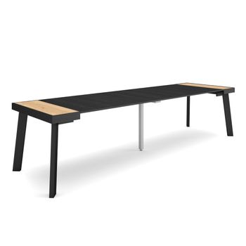 Mesa Consola Extensible, Mesa Comedor Plegable, 300, Para 14 Comensales, Patas De Madera, Estilo Moderno, Roble Y Negro