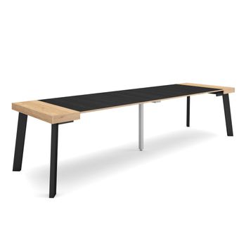 Mesa Consola Extensible, Mesa Comedor Plegable, 300, Para 14 Comensales, Patas De Madera, Estilo Moderno, Roble Y Negro