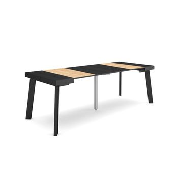 Mesa Consola Extensible, Mesa Comedor Plegable, 220, Para 10 Comensales, Patas De Madera, Estilo Moderno, Roble Y Negro