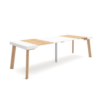 Mesa Consola Extensible, Mesa Comedor Plegable, 260, Para 12 Comensales, Patas De Madera, Estilo Moderno, Roble Y Blanco