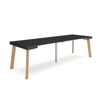 Mesa Consola Extensible, Mesa Comedor Plegable, 260, Para 12 Comensales, Patas De Madera, Estilo Moderno, Negro