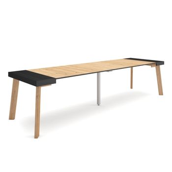 Mesa Consola Extensible, Mesa Comedor Plegable, 300, Para 14 Comensales, Patas De Madera, Estilo Moderno, Negro Y Roble