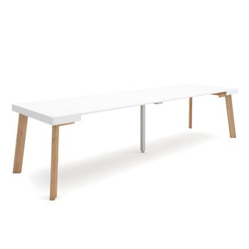 Mesa Consola Extensible, Mesa Comedor Plegable, 300, Para 14 Comensales, Patas De Madera, Estilo Moderno, Blanco