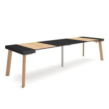 Mesa Consola Extensible, Mesa Comedor Plegable, 300, Para 14 Comensales, Patas De Madera, Estilo Moderno, Negro Y Roble