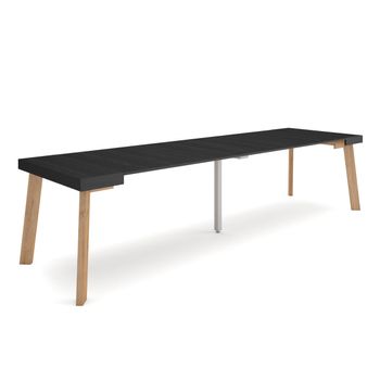 Mesa Consola Extensible, Mesa Comedor Plegable, 300, Para 14 Comensales, Patas De Madera, Estilo Moderno, Negro