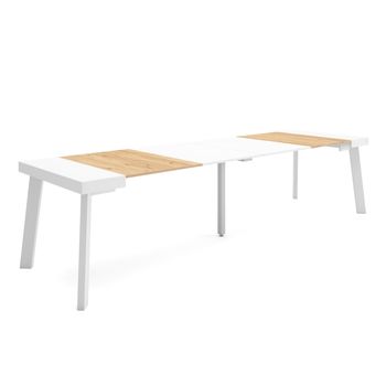 Mesa Consola Extensible, Mesa Comedor Plegable, 300, Para 14 Comensales, Patas De Madera, Estilo Moderno, Roble Y Blanco