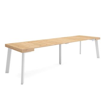 Mesa Consola Extensible, Mesa Comedor Plegable, 300, Para 14 Comensales, Patas De Madera, Estilo Moderno, Roble