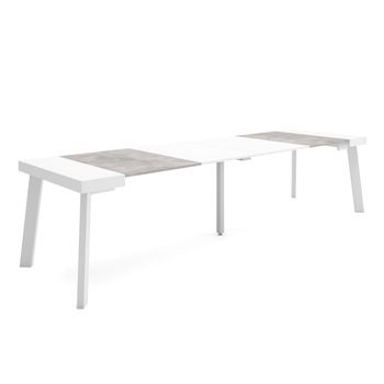 Mesa Consola Extensible, Mesa Comedor Plegable, 300, Para 14 Comensales, Patas De Madera, Estilo Moderno, Blanco Y Cemento