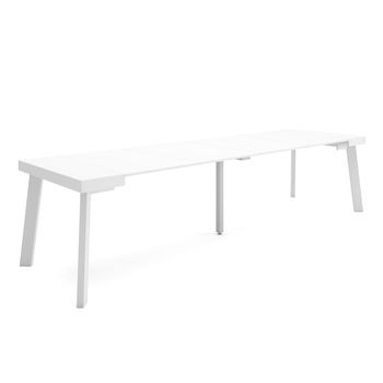 Mesa Consola Extensible, Mesa Comedor Plegable, 300, Para 14 Comensales, Patas De Madera, Estilo Moderno, Blanco