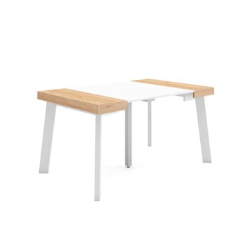 Mesa Consola Extensible, Mesa Comedor Plegable, 140, Para 6 Comensales, Patas De Madera, Estilo Moderno, Roble Y Blanco