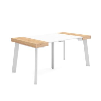 Mesa Consola Extensible, Mesa Comedor Plegable, 160, Para 8 Comensales, Patas De Madera, Estilo Moderno, Roble Y Blanco