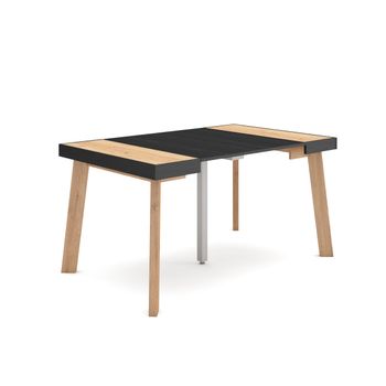 Mesa Consola Extensible, Mesa Comedor Plegable, 140, Para 6 Comensales, Patas De Madera, Estilo Moderno, Roble Y Negro