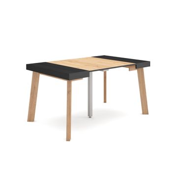 Mesa Consola Extensible, Mesa Comedor Plegable, 140, Para 6 Comensales, Patas De Madera, Estilo Moderno, Roble Y Negro