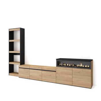 Muebles De Salón Para Tv, Conjunto De Muebles Comedor, 310x186x35cm, Para Tv Hasta 65", Chimenea Eléctrica, Estilo Moderno, Roble Y Negro