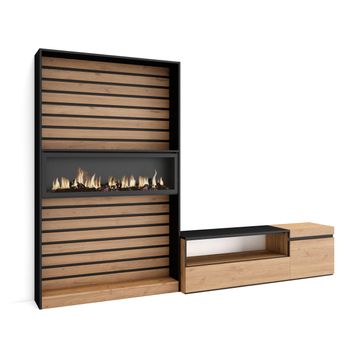 Muebles De Salón Para Tv, Conjunto De Muebles Comedor, 260x186x35cm, Para Tv Hasta 65", Chimenea Eléctrica, Estilo Moderno, Roble Y Negro