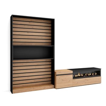 Muebles De Salón Para Tv, Conjunto De Muebles Comedor, 260x186x35cm, Para Tv Hasta 65", Chimenea Eléctrica, Estilo Moderno, Roble Y Negro