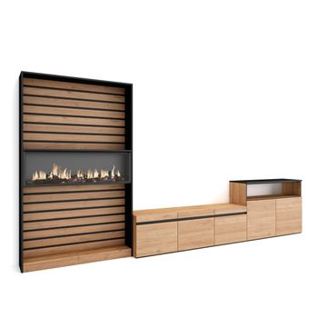 Muebles De Salón Para Tv, Conjunto De Muebles Comedor, 360x186x35cm, Para Tv Hasta 65", Chimenea Eléctrica, Estilo Moderno, Roble Y Negro