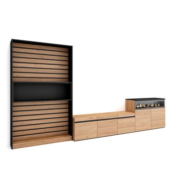 Muebles De Salón Para Tv, Conjunto De Muebles Comedor, 360x186x35cm, Para Tv Hasta 65", Chimenea Eléctrica, Estilo Moderno, Roble Y Negro