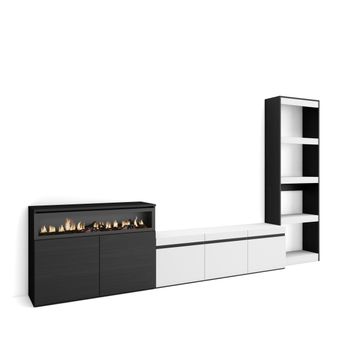 Muebles De Salón Para Tv, Conjunto De Muebles Comedor, 310x186x35cm, Para Tv Hasta 65", Chimenea Eléctrica, Estilo Moderno, Blanco Y Negro