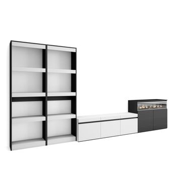 Muebles De Salón Para Tv, Conjunto De Muebles Comedor, 370x186x35cm, Para Tv Hasta 65", Chimenea Eléctrica, Estilo Moderno, Blanco Y Negro