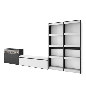 Muebles De Salón Para Tv, Conjunto De Muebles Comedor, 370x186x35cm, Para Tv Hasta 65", Chimenea Eléctrica, Estilo Moderno, Blanco Y Negro